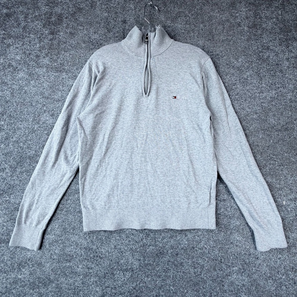 Tommy Hilfiger Sweater Mens Medium Gray Tight Knit Logo Mock Neck‎ Quarter Zip